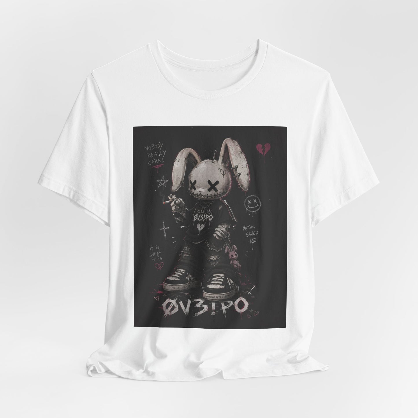 Unstable Bunny Graphic Tee — Goth Punk Rabbit Shirt with 'OV3!PO' Design