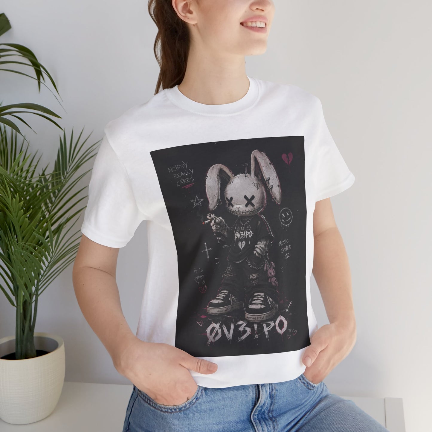 Unstable Bunny Graphic Tee — Goth Punk Rabbit Shirt with 'OV3!PO' Design